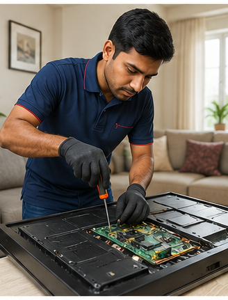 Certified technician repairing a Smart TV circuit board at doorstep in Bangalore
